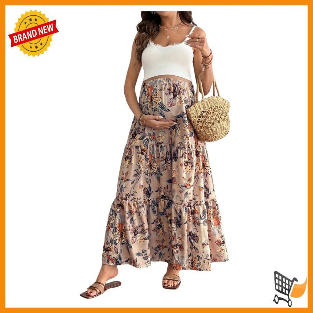 Maternity Maxi Skirt Floral High Waist Elastic Ruffle Flowy Boho